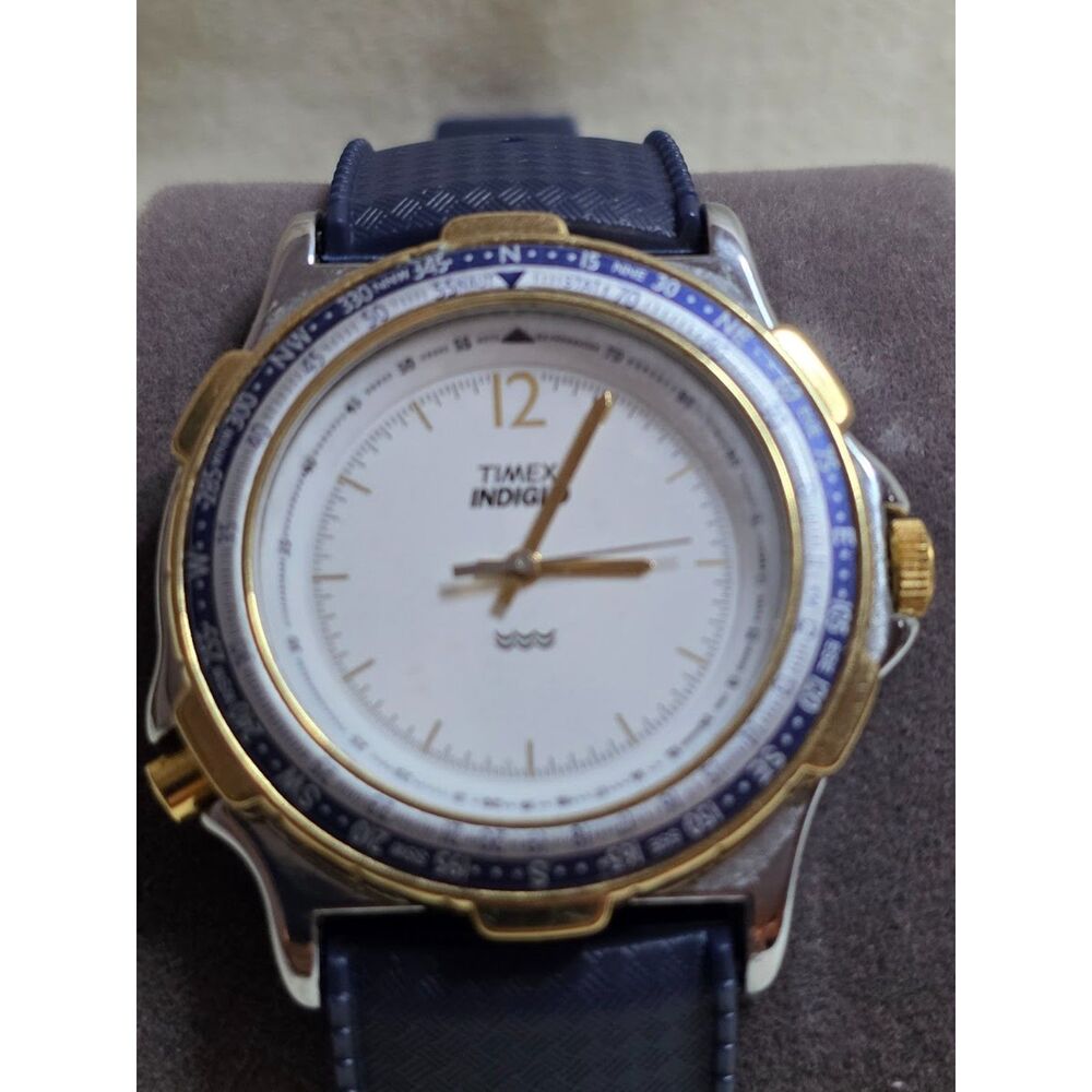 Vintage Timex Indiglo Two Tone Compass Bezel Watch White Dial Blue Strap 37mm